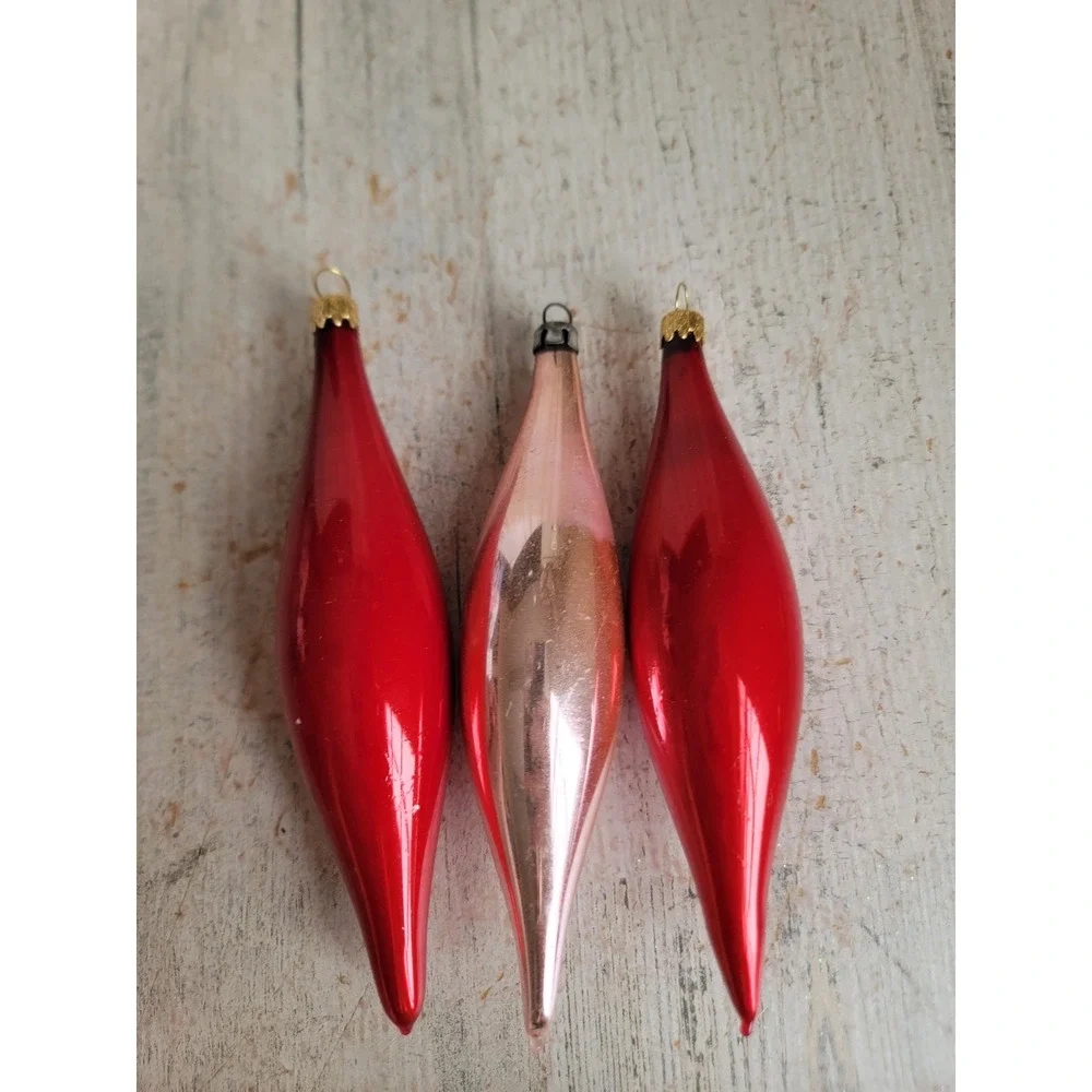 Pink red abstract blown glass ornament vintage Xmas set Valentine